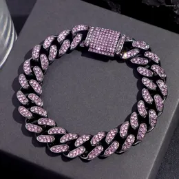 Bağlantı Bilezikler Hip Hop Buzlu Pembe Rhinestone Küba Zinciri Kadınlar İçin 13mm Bling Asfalt Kristal Bilezik Moda Bildirimi Takı