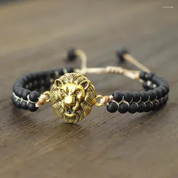 Charm Bracelets Noter Handmade Weaven Herrenarmband Vintage Lion Braclet Adjustable 4mm Small Onyx Stone Punk Braslet Homme Gift For Ihn