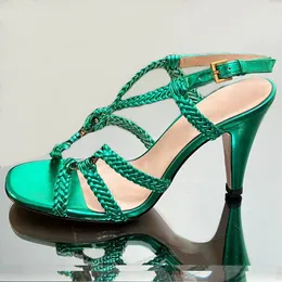 Kadınlar Kristal Kişme Sandalet Yeşil Dokuma Cleo Kristal Kalın Topuk Ayakkabı Lüks Tasarımcı Gladyatör Toka 9cm Parti Elbise Ayakkabı Kristal Sandals