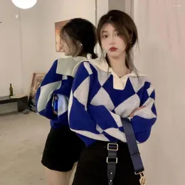 Kvinnors tröjor koreansk stil streetwear casual mode söt höst tröjor kvinnor argyle panelen marin krage lat stickad vintage