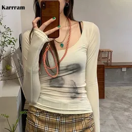 Koszulka damska Karrram w stylu koreańskim Top Kobiety krawat bar barwnik wydrukowany przez drukowane segmenty sexy slim półprzezroczyste topy grunge tshirts japońskie 230510