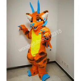 Dragão Orange Husky Dog Mascot Costume Halloween Desempenho Props Pluxh Head Chead Red e Blue Roup