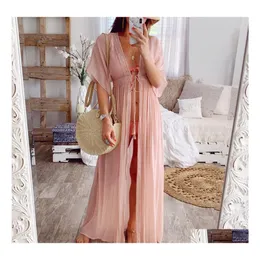 Lässige Kleider Sommer Solide Spitze Strand Er Up Lange Strickjacke Bademode Kleid Kaftan Tragen Badeanzug Pareo Saida de Praia Drop Lieferung Ap Dh1NC