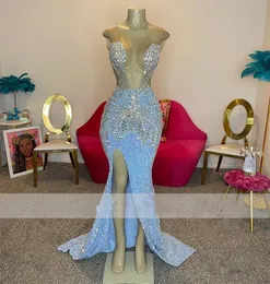 Glitter Sky Blue Pailletten Prom 2023 Für Schwarze Mädchen Perlen Kristall Party Kleider Seitenschlitz Abendkleider Robe De Bal 322