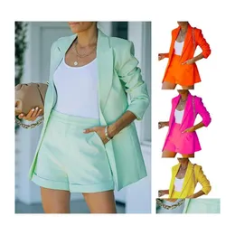 Women'S Suits Blazers Womens Women Suit Sets Spring Long Sleeve Solid Cardigan Blazer Shorts 2 Piece Set Tracksuit Outfits Drop De Dh5Xt