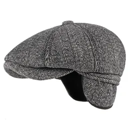 Berets HT3336 Autumn Winter Cap Hat Thick Warm Men Male Vintage Wool Dad Grandfather Ivy Octagonal sboy Flat 230509