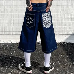 Mäns shorts Celana Pendek Jeans Gambar Huruf Bordir Saku Hip Hop Untuk Pria Musim Panas Retro Ukuran Besar Denim Kaki Lebar Lutut Panjang 230510