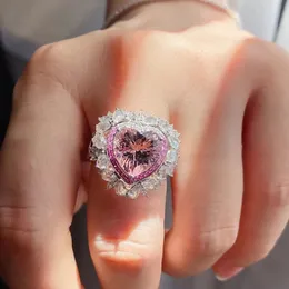 Queen-Herz-Rosa-Diamant-Ring, Sterling-Silber, Party-Ehering, Ringe für Frauen, Braut, Versprechen, Verlobung, Schmuck, Geschenk