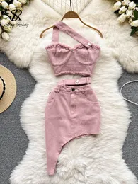 Two Piece Dress SINGREINY Denim Pink Sexy Women Sets Zipper Sashes Button Pocket Irregular Strapless Backless Top Skirt Set 230509