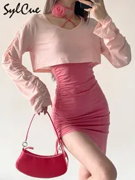 Two Piece Dress Sylcue Sweet Cute Pink Irregular Slim Sexy Mature Girl Outing Lace Up with Long Sleeve Short Top Womens 230509