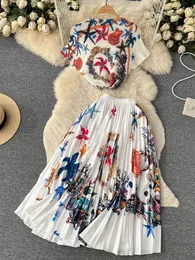 Two Piece Dress Summer Runway Pleats Floral Print Set Women Half High Collar Stretch TopElastic Waist Long Pleated Skirt Outfits 230509