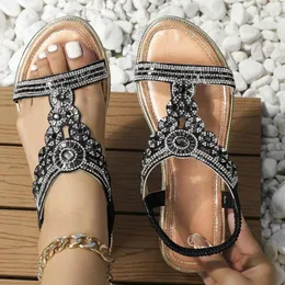 Sandali casual elastico band rinestone women bohemian apta toe beach womans a basso tacco sandalie eleganti 753 5