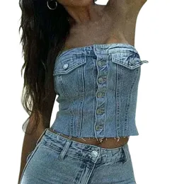 Kvinnors tankar camis kvinnor blå denim korsett bustier skörd topp kvinnlig av axel ärmlös knäppt bandeau tube y2k mode sommar toppar streetwear 230509