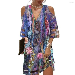 Casual Dresses Women Summer Dress Lace Cuffs Cutout Short Sleeves Flower Printing Deep V-neck Dating Off Shoulder Contrast Color Mini