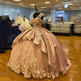 シャンパンvネックスウィート16 QuinceAneraドレスキンケーネラドレススパンコールスパンコール3D花プリンセスボールガウンVestidos de 15 Anos