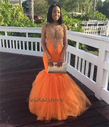 Stunning Orange Black Girl Prom Dress With Applique Lace Elegant Long Sleeve Mermaid Formal Gown Evening Wear Ceremony Birthday Party Sweet 15 vestido de noche 2023