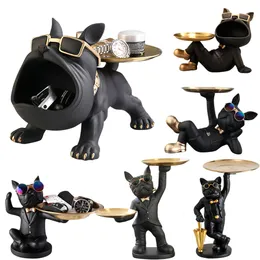 Decorative Objects Figurines Resin Dog Statue Decor Table Crafts with Tray French Bulldog Sculpture Birthday Gifts Bottom Anti-slip for Home Office Wallet 230509