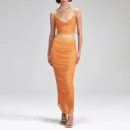 Faldas 2023 Blingbling Drill Diamond Beaded Mujeres Sexy Bra Camisole Tops Cintura alta Slim Falda larga Set