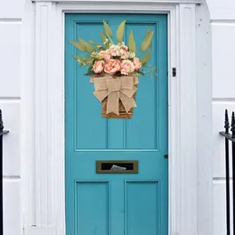Flores decorativas Atraente porta da frente da coroa simulada sinal de boas-vindas Becha brilhante cesta de penduramento de cesta sem água suprimento