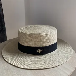 Summer men and women black wide brim flat top hat visor hat little bee sun protection resort beach versatile sun straw hat