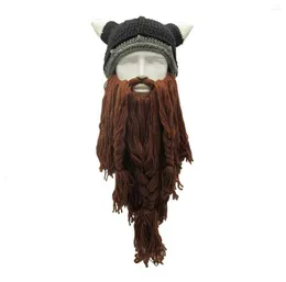 Berets Funny Man Vikings Beanies Knit Hats Beard Ox Horn Handmade Knitted Men's Winter Warm Caps Women Gift Party Mask Cosplay Cap