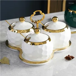 Garrafas de armazenamento Temensionamento criativo Jar Sugar Bowl Green Gold Edge vidro de vidro Cerâmica Caixa