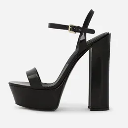 Plattform plattformssandaler tryckt tyg Chunky Heel Dress-skor Glänsande Lackläder Ankelrem höga klackar 15cm Sexigt Mode Lyx Designer festkvällskor