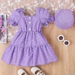 Mädchenkleider 2-7 Jahre Kleinkind Mädchen Sommer Freizeitkleid Lila Kurzarm Kinder A-Linie Jacquard mit Hut