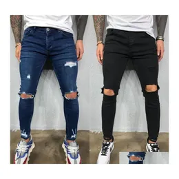Mäns jeans qnpqyx män svart blå cool mager rippade stretch smala elastiska denim stor storlek för manlig vår sommarhöst hip hop dro dhvnw