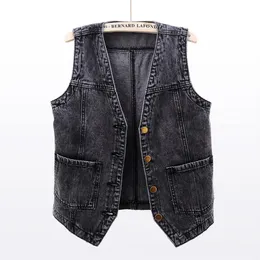 Jeans Summer Korean Big Pocket Short Denim Vest Women Vintage Black Waistcoat Sleeveless Jacket Casual Loose Jeans Vests Female 5XL