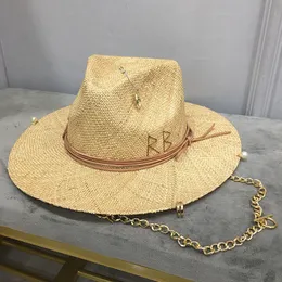 Szerokie brzegi czapki wiadra czapki szerokie grzbiet Panama Hat Chain Słomka Fedora czapki dla kobiet letni hat wakacyjny zespół wakacyjny perły jakość skorupa hat 230509