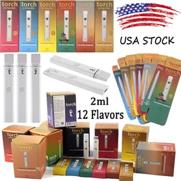 USA Stock Torch premium dispensável caneta vape e cigarros 12 sabores 2,0 ml de cartucho vazio 280mAh Vaporizadores de óleo descartáveis ​​recarregáveis