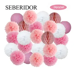 Andra evenemangsfestleveranser Baby Boy Girl 1st Birthday Favor Pink White Set Round Paper Ball Lantern Folding Baptism Wedding Decor Honeycomb Pompom 230510