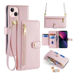 Fashion Wallets Phone Cases for iphone 15 14 14Pro 14Plus 13 12 11 Xs XR 7 8 6 Plus Pro Max Lychee Leather Card Holder Pocket Smart Cellphone Hand Strap Bag