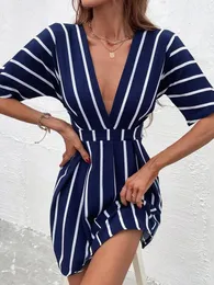 Dresses HUAZHENMIAN Summer Dresses for Women Casual Long Women's Striped Print Wrap V Neck Short Sleeve A Daytime Dresses Women Casual