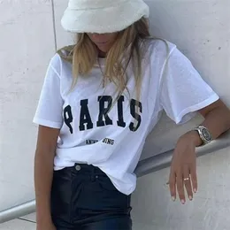 Atasan Kaus Gambar Cetak Huruf Paris Wanita Longgar Leher Bulat Musim Panas de Streetwear Katun Kasual Modo Dasar 230509