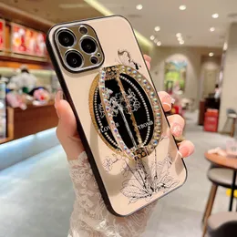 Fashion Luxury Pearl Mirror Flower Bracket Phone Holder Case For iPhone 14 13 12 11 Pro Max Fashion Shockproof Cover Cute Tree Coque