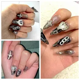 Unhas falsas Unhas postiças Unhas falsas brilhantes coração imprensa em unhas Y2K Unhas falsas feitas à mão longo caixão estilete unhas falsas com cola reutilizável arte de ponta de unha