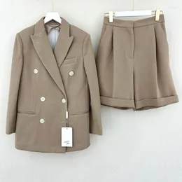 Kadınların Trailtsuits Haki Blazer 2Priece Set Moda Ofisi Çift Kelime Kruvaze Uzun Kollu Gevşek Ceket Kat Yüksek Bel Folds Şort Kadın