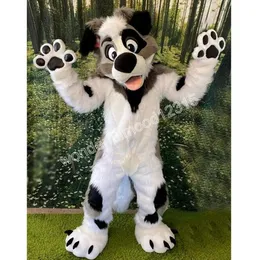 Fursuit Long Fur Husky Dog Fox Mascot Costume Halloween Performance Props Plush Head Cover Röd och blå outfit