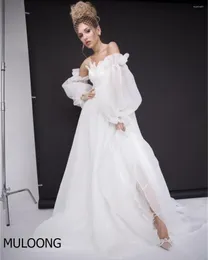 Wedding Dress MULOONG White Strapless Full Puff Sleeve Pleat Elegant Backless A Line High Slit Floor Length Sweep Train Gowns