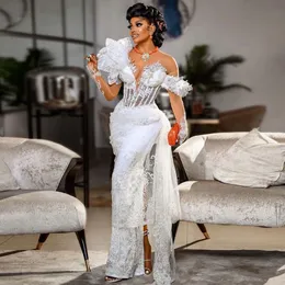 Beaded Lace White Evening Dresses Asoebi lace floral mermaid long sleev prom Formal Party Gowns Nigerian African