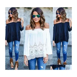 Women'S T-Shirt Womens White Lace Chiffon T Shirts Casual Loose Sexy Off Shoder Long Sleeve Tops Boho Er Up S2Xl Drop Delivery Appar Dhkkj