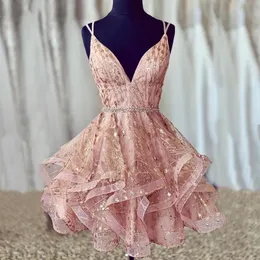 Bling Rose Pink Short Prom Homecoming Dresses Ruffle V-Neck Crystal Pärled Sashes Evening Sweet 16 Cocktail Dress Girls