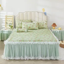 Кровать юбка 3 ПК плюшевые хлопчатобумажные покрывают на кровати в стиле принцесса в стиле принцесса двойная слоя кружевные юбки для кружевных лидий