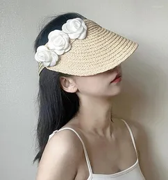 Geniş Memul Şapkalar 202305-Shi Drop Yaz Doğal Rafya Çim Beyaz Çiçek Tatil Beach Lady Sun Cap Kadın Boş Zaman Şapkası