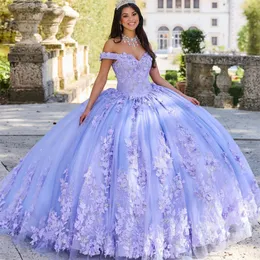 Princesa Lavender Quinceanera vestidos doces fora do ombro Lace 3dflowers Applique Ball vestido 15 16 PROM VESTIM