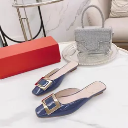 مع صناديق المصمم الكعب نساء اللباس أحذية Belle Vivier Metal Buckle البغال النسائية Slip-on Skyscraper Encraper Heel Square Toe Party Size 34-40