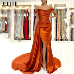 Party Dresses Jeheth Orange Satin Off the Shoulder Formal Evening Dress Mermaid Side Split Sweetheart Prom Gown Sweep Train 230510