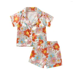 Clothing Sets FOCUSNORM 1-7Y Summer Toddler Kids Girls Sleepwear Clothes Flowers Printed Short Sleeve Lapel Button Down Shirt Shorts